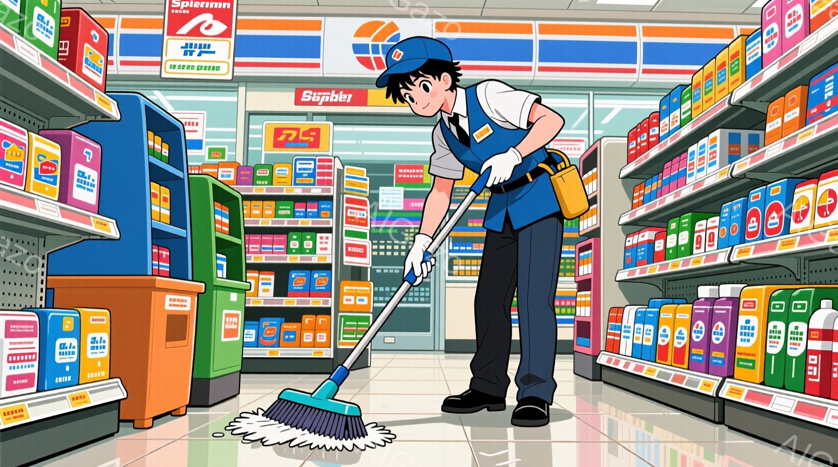 若い男性がスーパーマーケットの床をモップで拭いています。彼は青い作業着にオレンジ色のベスト、黒い髪とシンプルな表情をしており、真剣な眼差しで清掃作業に取り組んでいます。背景には商品が並んだ棚が密集しており、スーパーマーケットの日常的な雰囲気が漂っています。