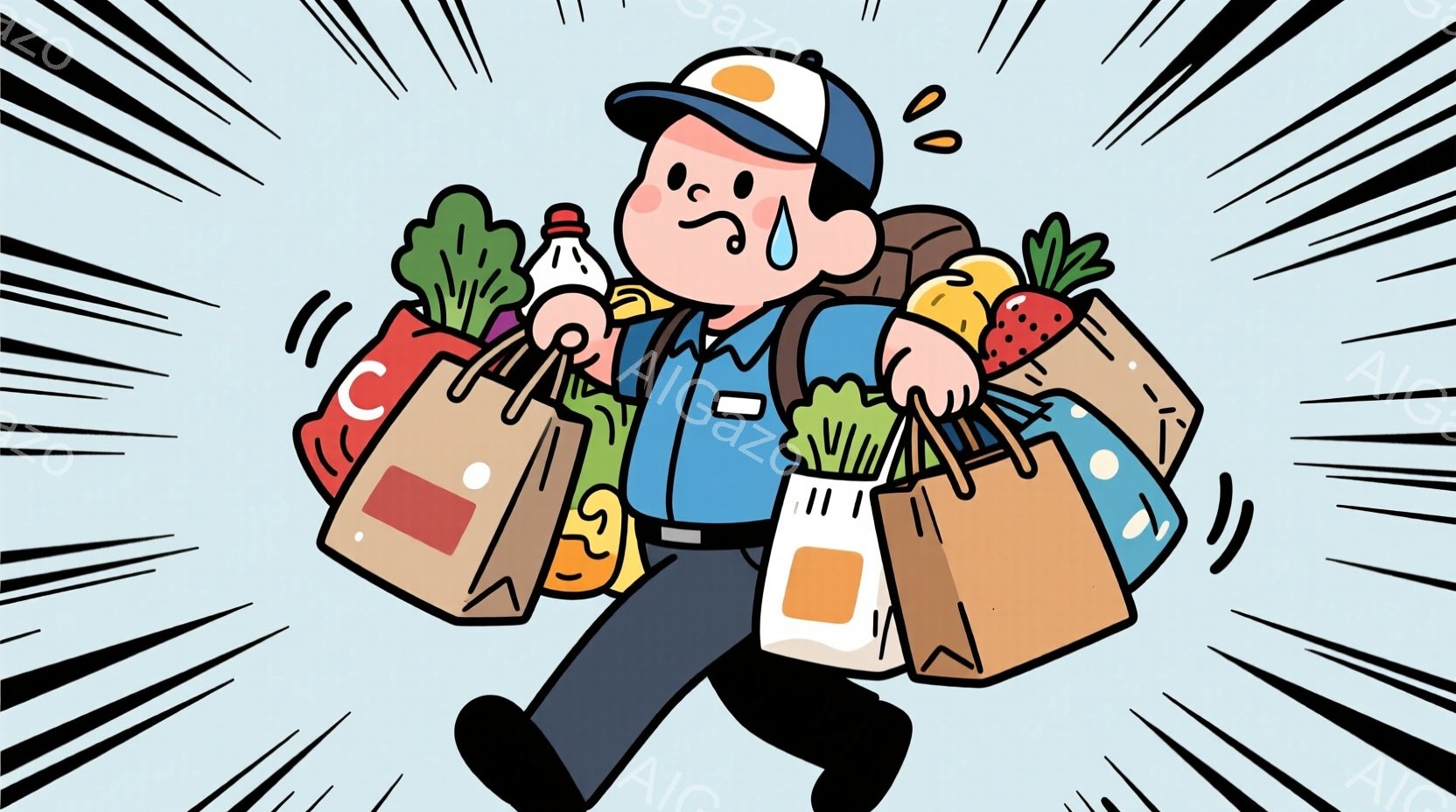 紺色のシャツに黒いズボンを着用した男性が、たくさんの買い物袋を抱えながら走っている様子が描かれています。彼は汗をかいており、苦労している表情をしています。背景は淡い水色で、線状のスピード感を表すエフェクトが描かれており、急いでいる様子を強調しています。