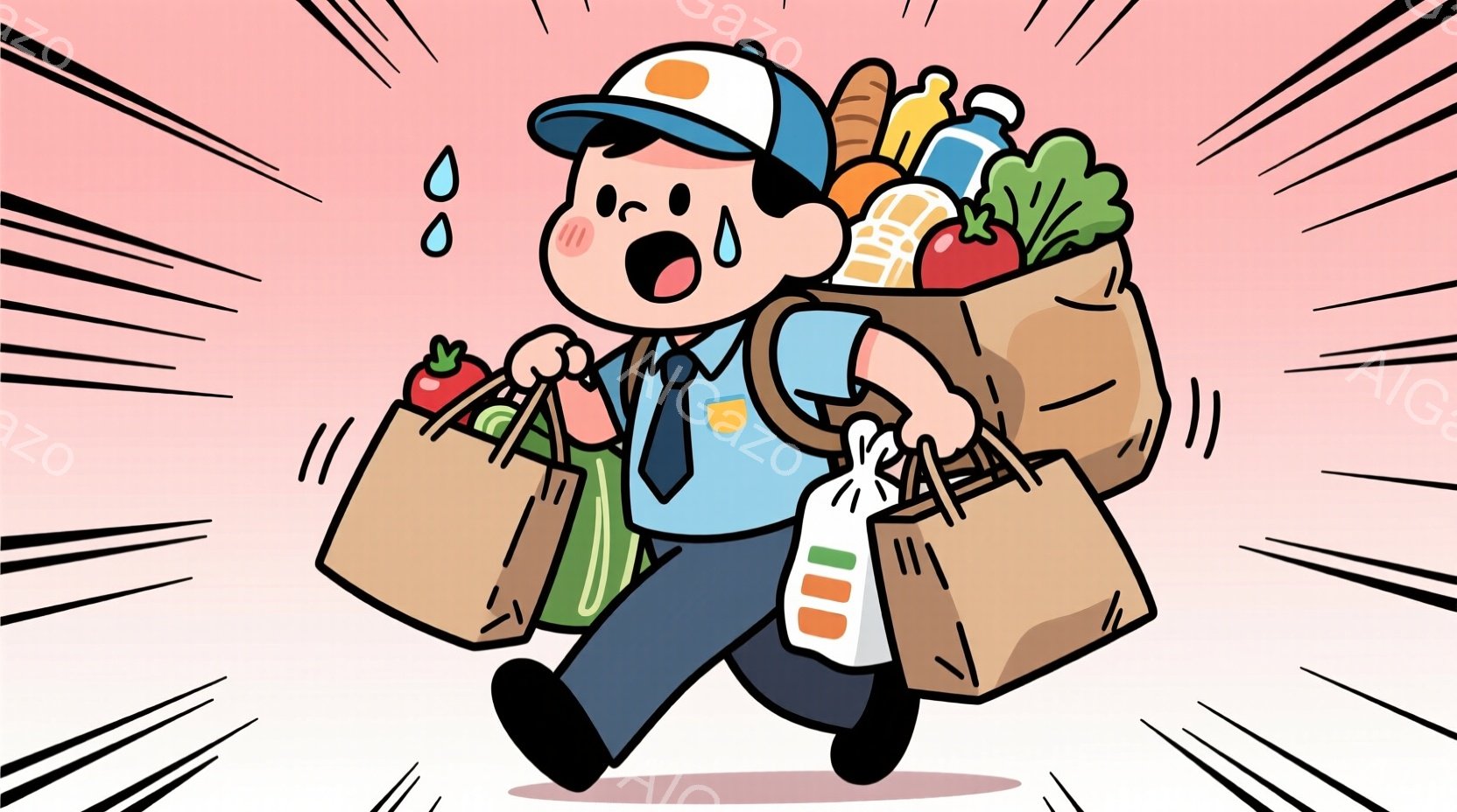 この人物は、青いシャツにグレーのズボン、白い帽子をかぶっており、大量の買い物袋を抱えて走っています。顔は驚きと疲労で歪み、汗が滴っています。背景にはピンク色のグラデーションとスピードラインが描かれており、慌ただしい雰囲気を強調しています。