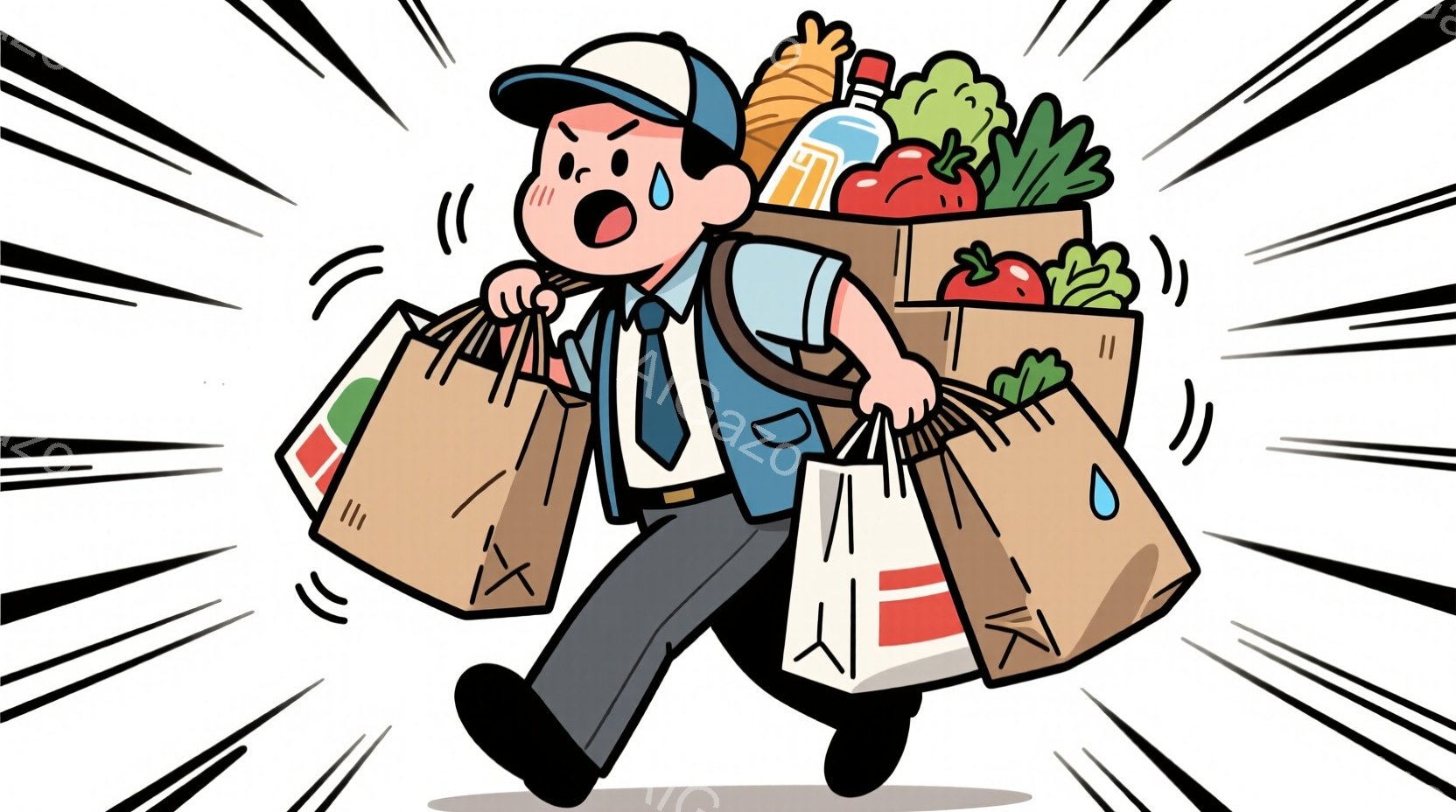 買い物をたくさんした男性が描かれています。彼は紺色のジャケットとズボンを着用し、白いシャツを着ています。大量の食料品が入った紙袋を両手に持ち、さらに大きな段ボール箱を背負っており、走ることで勢いよく描かれ、額には汗が浮かんでいます。