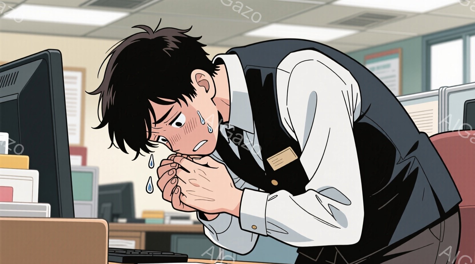 オフィスで苦悩している様子の男性が描かれています。彼は白いシャツにベスト、黒いズボンを着用し、暗い髪は無造作に乱れています。顔は苦痛に歪み、額からは汗が滴り落ちています。