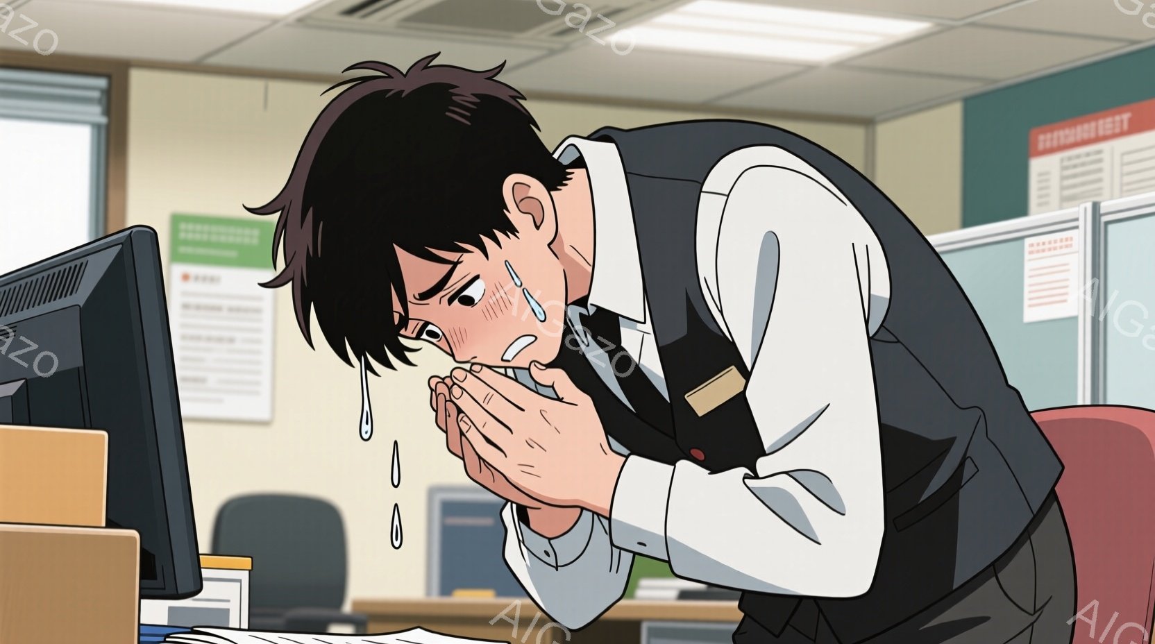 黒髪で、疲労困憊した表情の男性が描かれています。彼は白いシャツに黒いベスト、ネクタイ姿で、顔を両手で覆い、泣いているようです。背景はオフィスで、モニターや書類が置かれ、重苦しい空気が漂っています。 - AI生成フリー素材