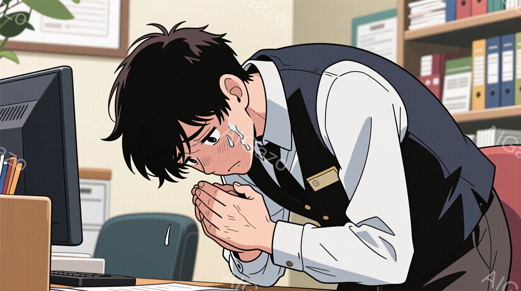 疲れた様子の男性がデスクにうつむいています。彼は白いシャツにベスト、ネクタイを着用しており、髪は黒く無造作に跳ねています。背景には書類が並んだ本棚があり、オフィスの一室であることがわかります。 - AI生成フリー素材