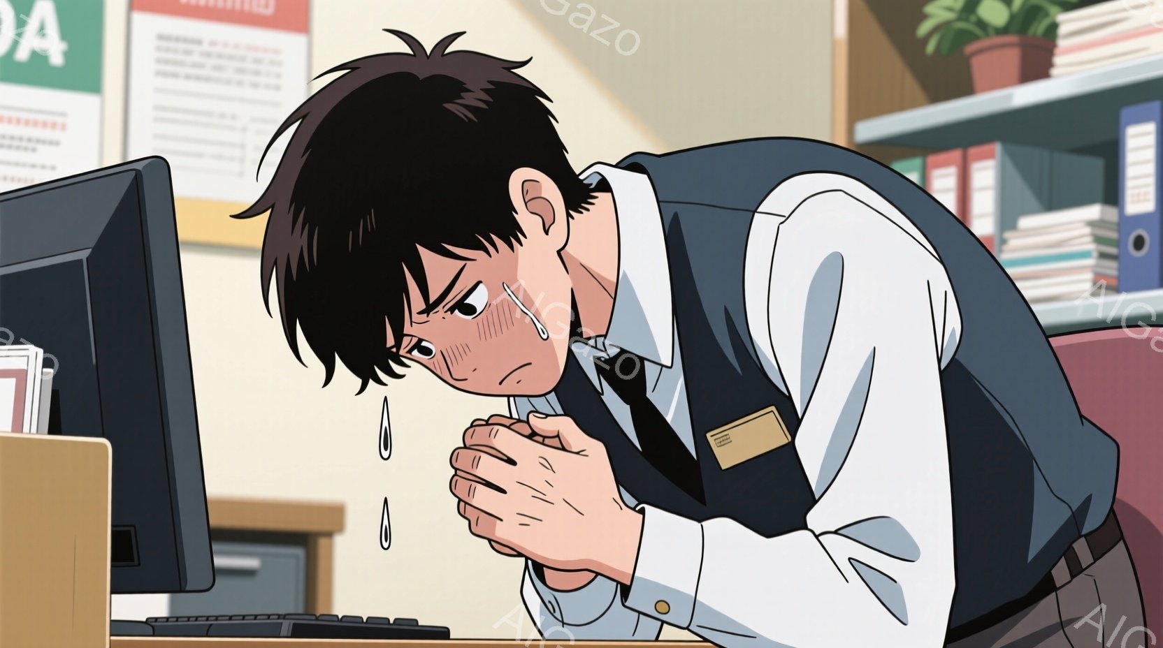 疲れた様子の若い男性が描かれている。彼は白いシャツに黒いベスト、ネクタイを着用し、名前札をつけている。彼はパソコンの前に座り、顔を伏せて絶望的な表情を浮かべ、両手で頬を覆っている。