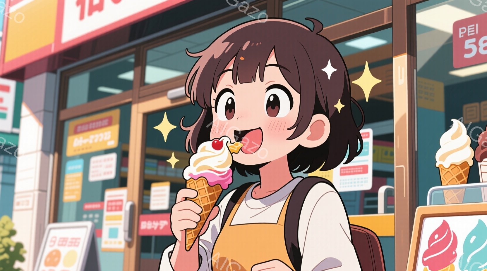 ショートカットの茶髪で、明るい表情の少女が描かれています。彼女はクリーム色のセーターと茶色のエプロンを着ており、右手で大きなソフトクリームを口に運んでいます。背景にはソフトクリームを販売している店の看 - AI生成フリー素材