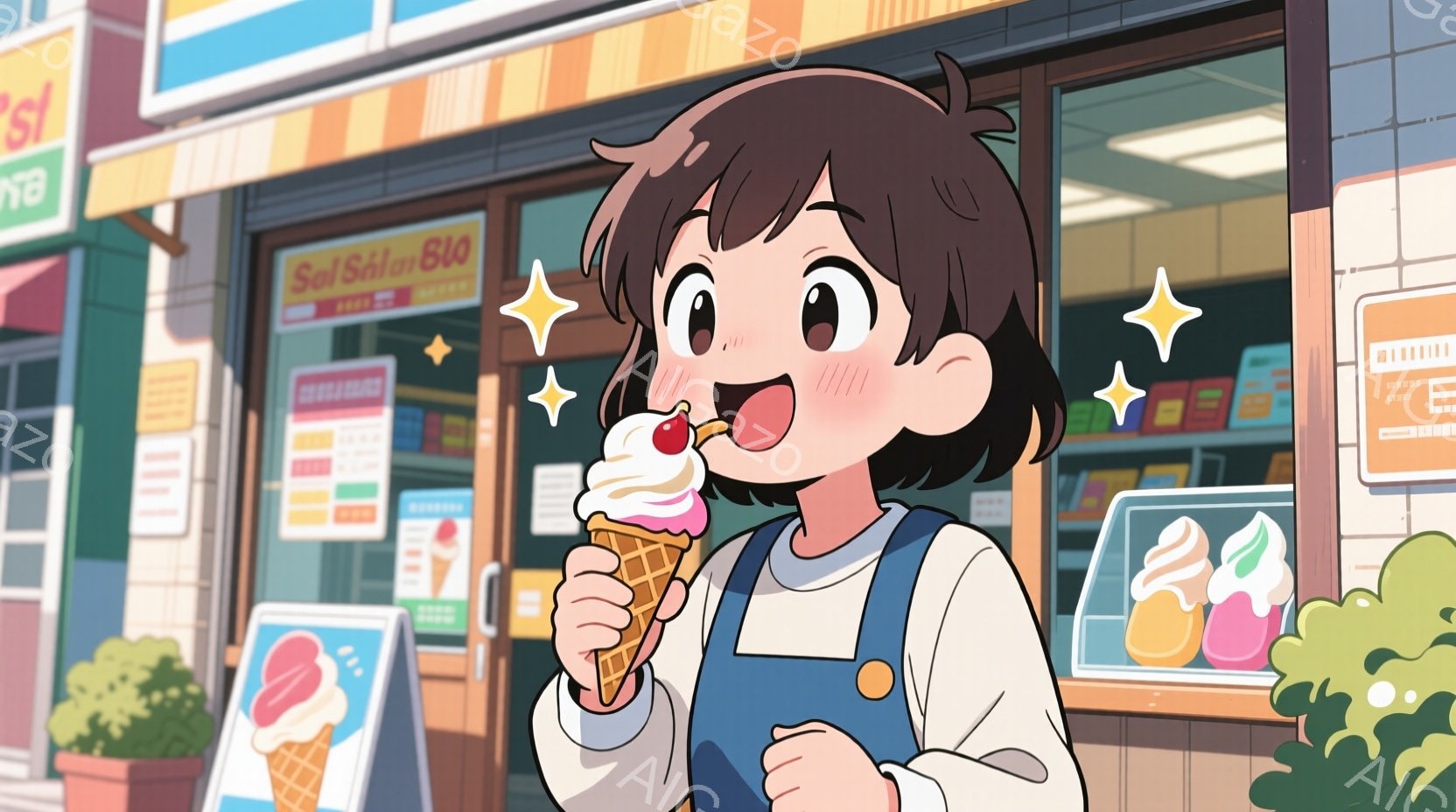 若い女性がソフトクリームを持っています。彼女は明るい茶色の短い髪をしており、白いシャツにオーバーオールの組み合わせを着ています。背景には、看板とソフトクリームが並んだお店があり、緑の植物が添えられています。