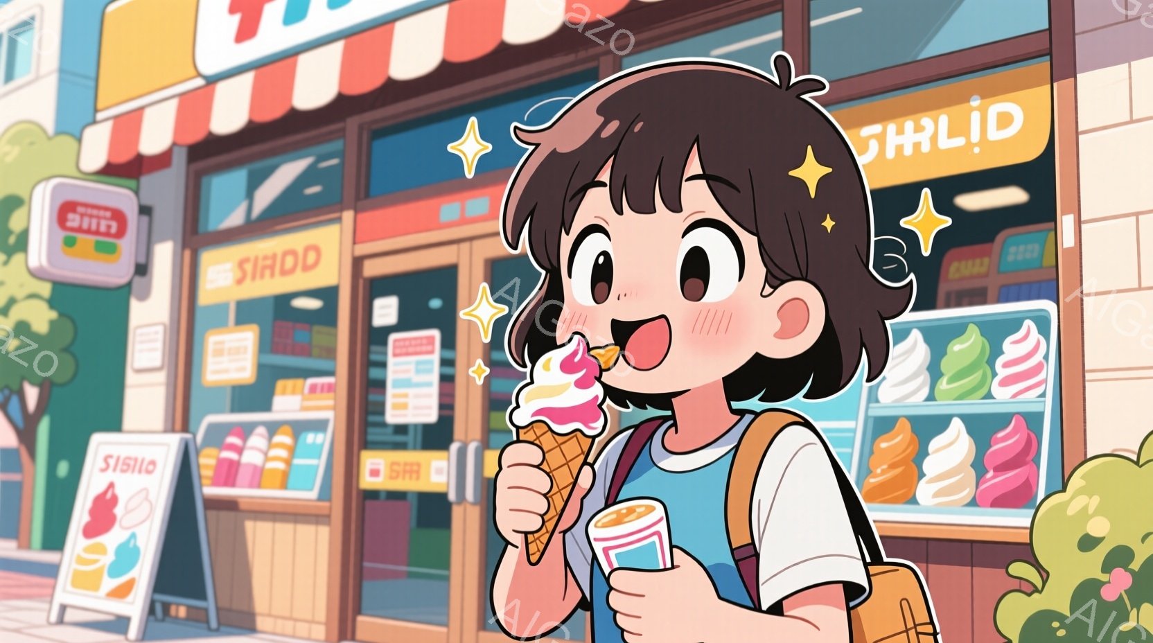 若い女の子がアイスクリームを美味しそうに食べているイラストです。彼女は短い茶色の髪で、明るい表情と少し開いた口で喜びを表しています。背景には、カラフルなアイスクリームが並んだ店と、看板、植物、そして穏やかな日差しが描かれており、全体的に明るく楽しい雰囲気が漂っています。