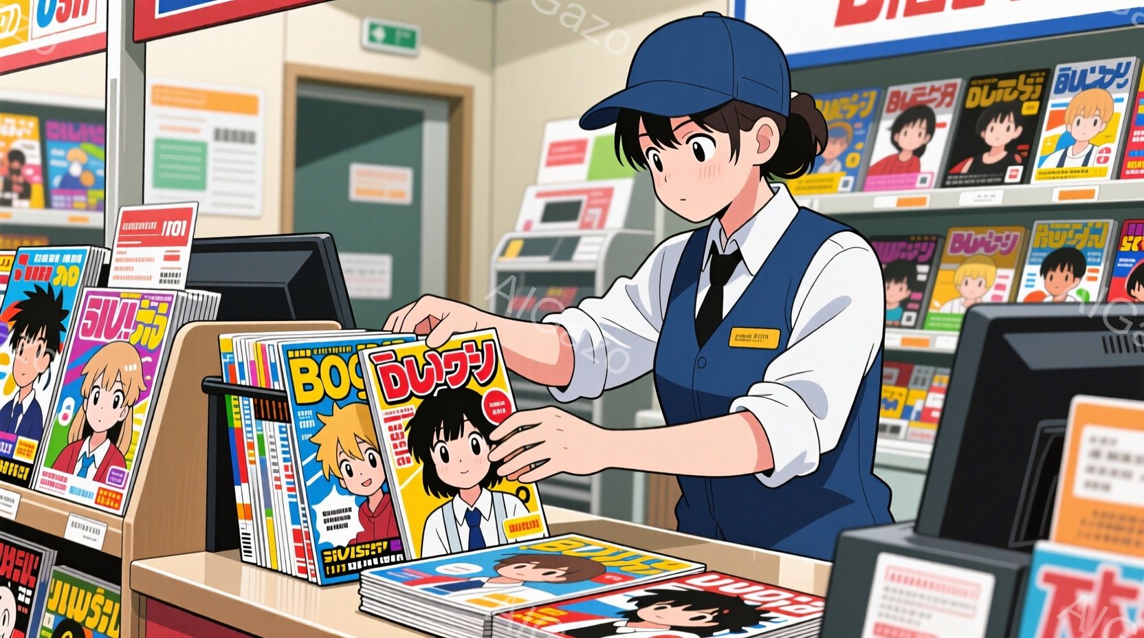 レジの前に立つ若い女性が描かれています。彼女は紺色の帽子と制服を着ており、胸には名前プレートをつけています。彼女は笑顔で、大量の漫画雑誌を整理しています。