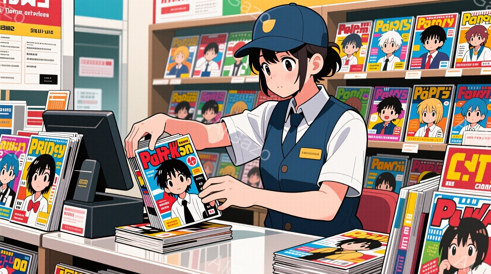 漫画の表紙が積み上げられたカウンターの前で、若い男性が複数の漫画を手に持っている様子を描いています。彼は紺色の制服を着ており、黒髪の短い髪型で、真剣な表情をしています。背景には、同じ漫画の表紙が大量に並び、活気のある漫画店の雰囲気が伝わってきます。