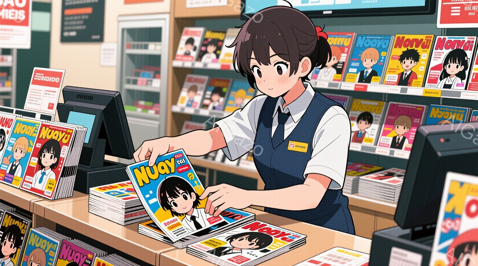 茶髪のショートヘアで、制服を着た若い女性が、漫画の山から一冊を選び、バーコードリーダーにかざしています。彼女は少し微笑んでおり、真剣な眼差しで作業に集中しています。背景には、同じ漫画が積み重ねられた棚とレジがあり、活気のあるコンビニエンスストアの様子が伺えます。
