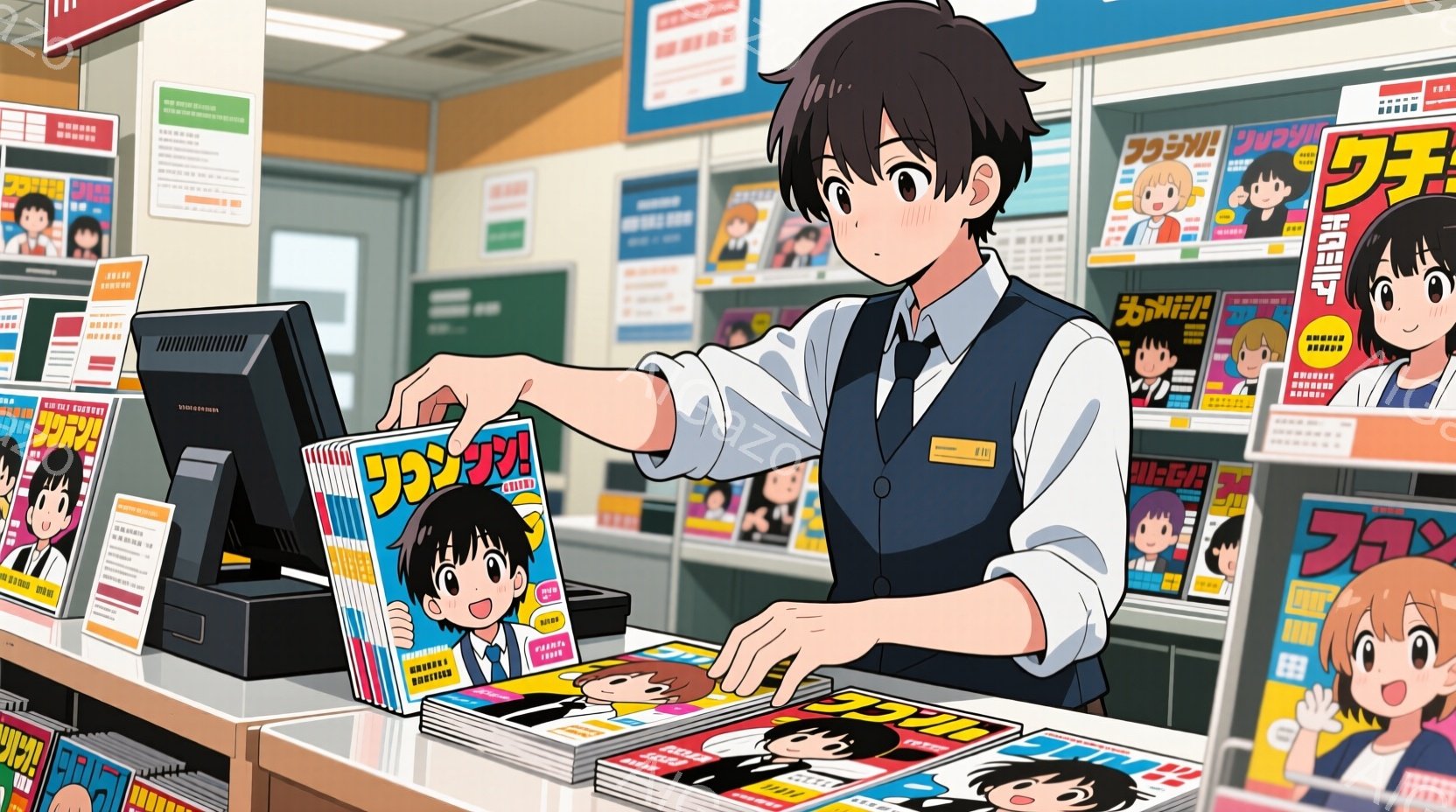 若い男性がレジカウンターで雑誌を整理している様子が描かれています。彼は黒髪で、ベストと白シャツを着ており、真剣な表情で雑誌を手に取っています。背景にはカラフルな雑誌の表紙が並び、活気のある書店内であることがわかります。