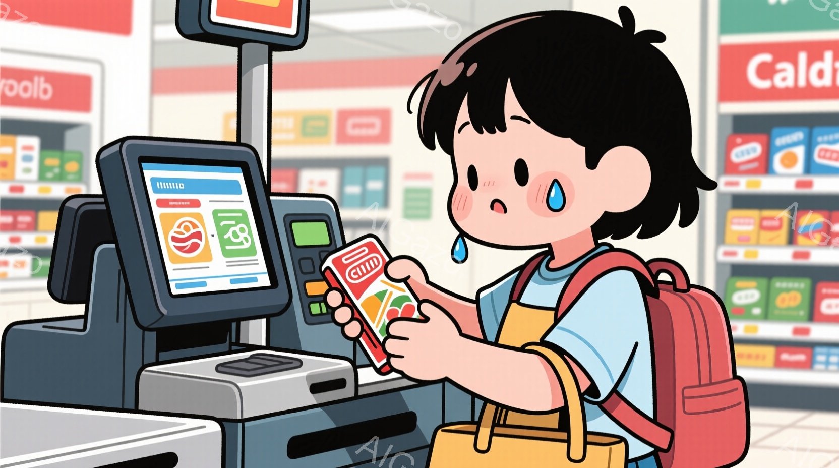 茶色のショートヘアの少女が、スーパーマーケットのレジの前でスナック菓子を持っている。彼女は青いシャツにエプロンをつけ、背中に赤いリュックサックを背負っており、少し悲しそうな表情をしている。背景には商品が並んだ棚が見え、全体的に明るくポップな雰囲気のイラストである。