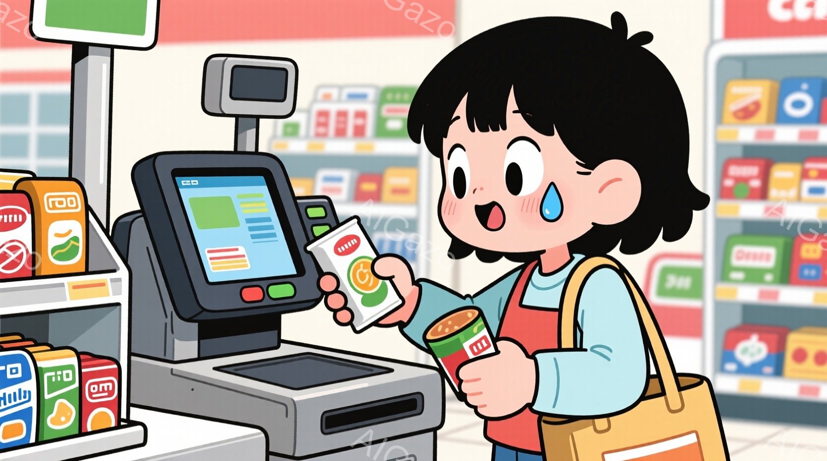 茶髪のボブヘアの少女が、スーパーマーケットのレジでお菓子を手に持っています。彼女はピンク色のシャツを着ており、少し緊張したような、または興奮したような表情をしています。背景には、様々な商品が並んだ棚があり、明るく活気のあるスーパーマーケットの雰囲気が伝わってきます。