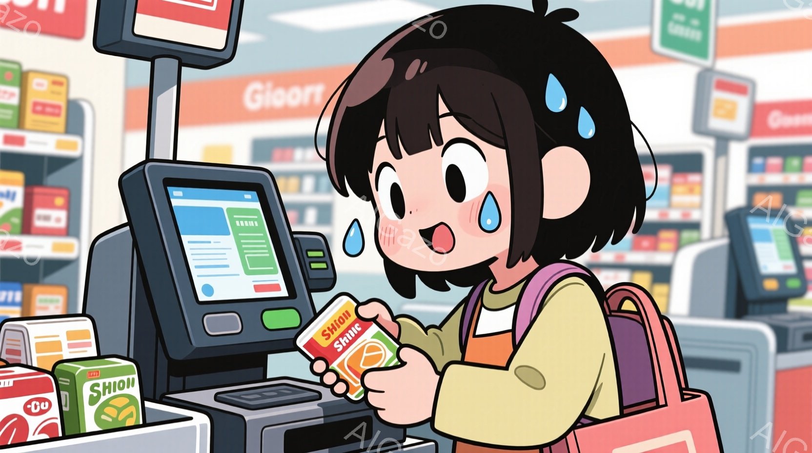 レジでお菓子を見ている若い女の子が描かれています。彼女はオレンジ色のシャツと茶色のショートパンツを着ており、黒髪を短く切り揃えています。彼女の顔には汗が浮かび、嬉しそうな表情で、お菓子のパッケージを手に持っています。