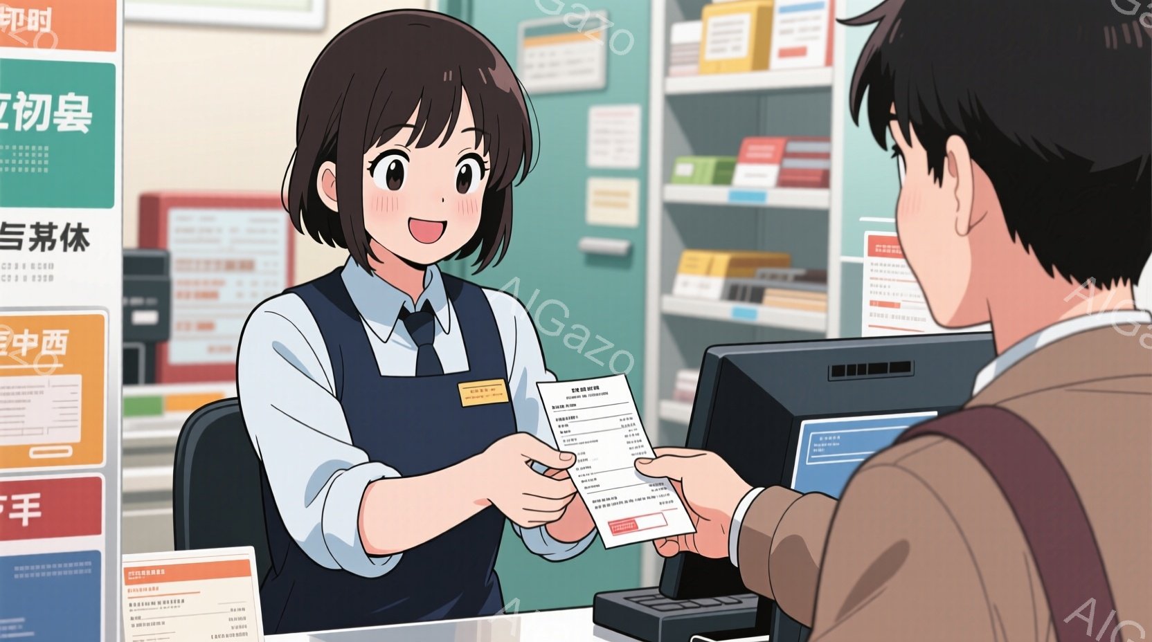 制服を着た若い女性が、書類を男性に手渡している場面です。女性は茶髪のショートヘアで、笑顔で書類を差し出しています。背景には書類棚が並び、カウンター越しに男性の肩と手がわずかに見えます。