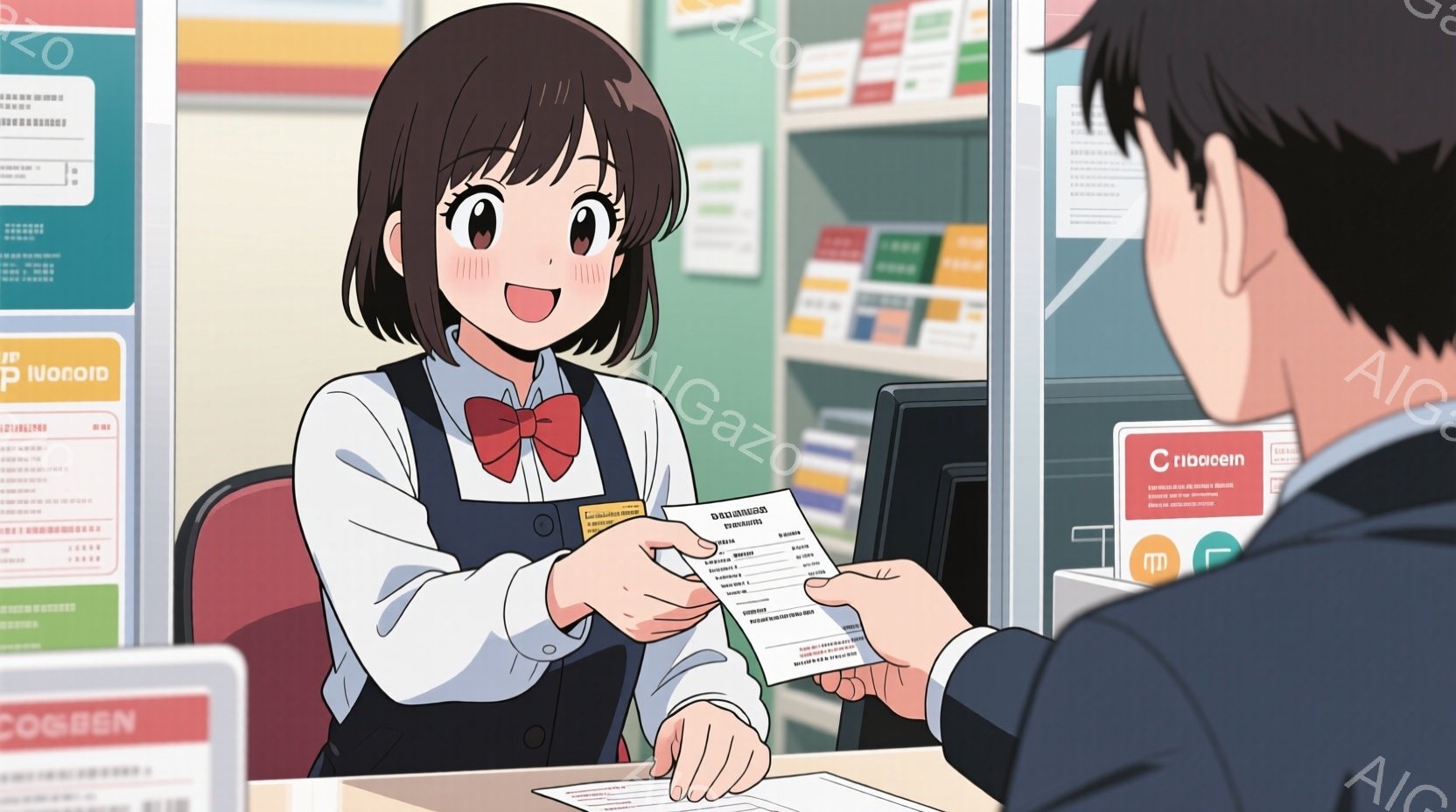 薬局のカウンターで薬剤師と思われる若い女性が、男性に薬の説明書を手渡している様子が描かれています。女性は茶色のショートヘアで、白衣にネクタイをしており、笑顔で丁寧な対応をしているのが分かります。背景には薬棚が並び、清潔感のある薬局の雰囲気が伝わってきます。