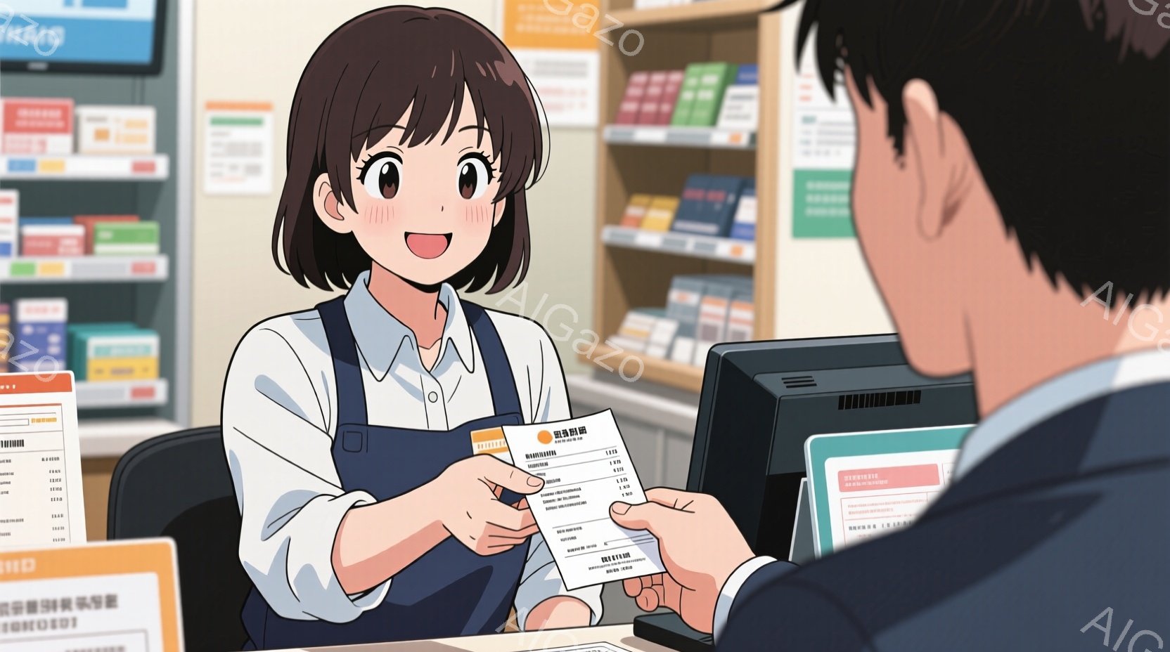 カウンター越しに書類を受け渡す女性と男性の様子を描いています。女性は明るい茶色のショートヘアで、白いシャツにエプロン姿で、笑顔で書類を差し出しています。背景には本棚とレジがあり、明るく清潔感のある店舗 - AI生成フリー素材