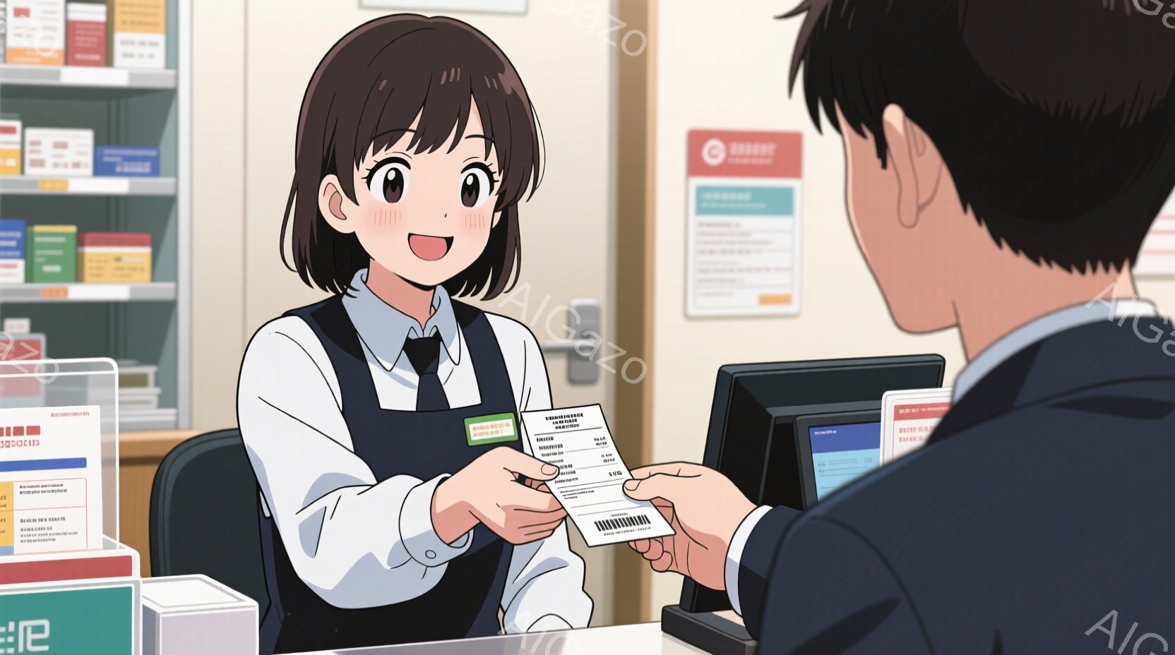 アニメ風のイラストであり、主人公とサブキャラクターがドラッグストアの店員と顧客としてディスカッションを行っている場面が描かれています。 - 店員は、眩く白い目が特徴的で、赤いハリーポッターのような髪型に加えて、シンプルな黒とホワイトの服装を着用しています。 - サブキャラクターは壮健な外見で、潔白な肌にダーマイスターのような髪型が特徴的です。彼も同じくらいシンプルな服装を着用しており、店員から手渡された商品を見ています。