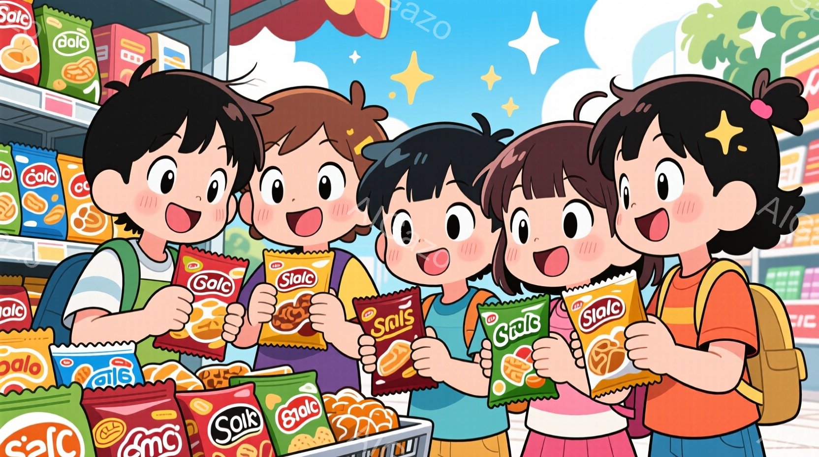 お菓子売り場でスナック菓子を持つ4人の子供たちが描かれています。彼らは皆、同じ髪型と服装で、明るい表情で楽しそうにしています。背景にはお菓子の棚とショッピングカートがあり、全体的に明るく楽しい雰囲気が漂っています。