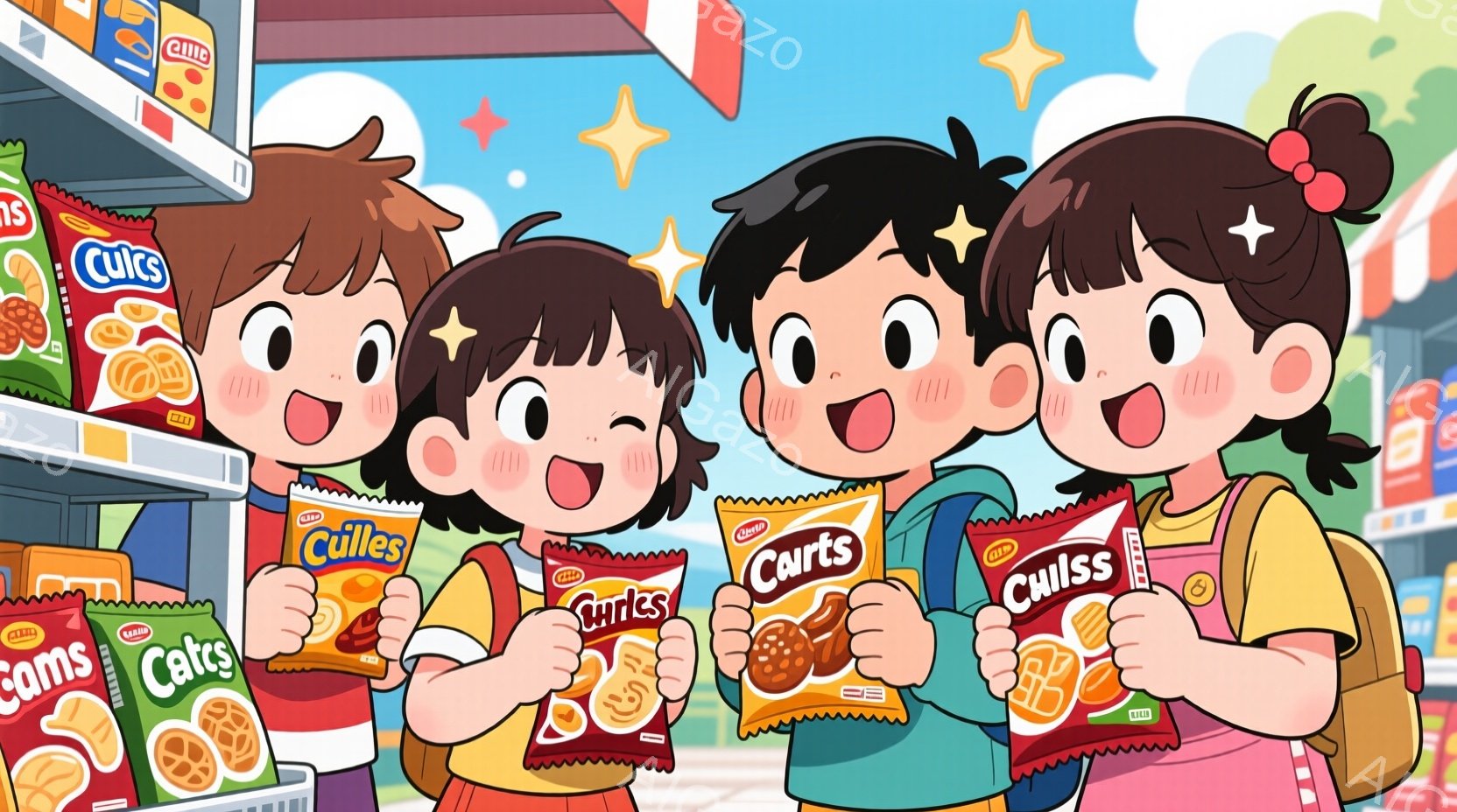 スーパーマーケットの棚の前で、それぞれ異なる種類のチップスを持つ3人の子供たちが描かれています。子供たちは皆、明るい色のセーターとズボンまたはスカートを着ており、元気な表情で、それぞれチップスの袋を高く掲げています。背景には、色とりどりの商品が並んだ棚と、カラフルな包装紙で覆われた商品が描かれており、全体的に活気があり楽しい雰囲気が漂っています。