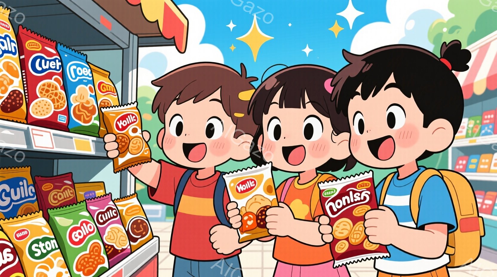 スーパーマーケットの通路でスナック菓子を持っている二人の子供が描かれています。彼らは明るい色の服を着ており、それぞれ異なる種類のスナック菓子を手に持ち、笑顔で正面を見ています。背景には様々な種類のスナ - AI生成フリー素材