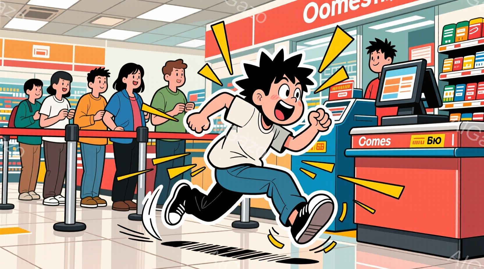 イラスト：スーパーマーケットの中で、驚いた表情をした男性が、足を高く上げ、勢いよく声をかけて走っている。店内の買い物客が見守る中、天然光が入り窓を通じて日陰になっている。全体的に明るくリラックスした空間の印象。