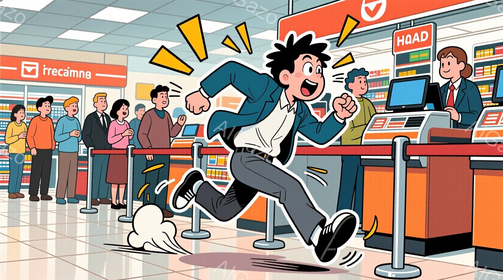 スーパーマーケットのレジに並ぶ人々が描かれており、一人の男性が急いで走り去っている様子がコミカルに表現されています。男性は青いシャツに黒いズボンを着用し、驚いた表情で前髪が跳ねています。背景にはレジカ - AI生成フリー素材