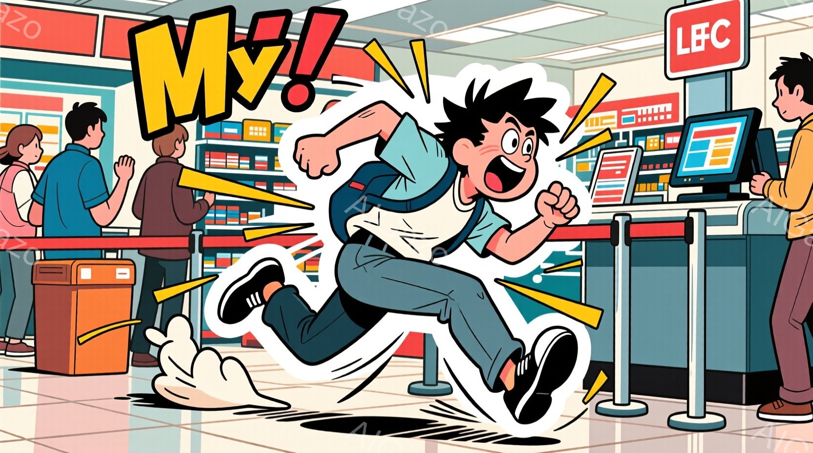 イラストは、スーパーマーケットのレジ列で、若い男性が勢いよく走っている様子を描いています。彼は青いズボンと白いシャツを着ており、黒髪で興奮した表情をしています。背景には、他の買い物客やレジ、商品棚が見え、活気のあるスーパーマーケットの雰囲気が伝わってきます。