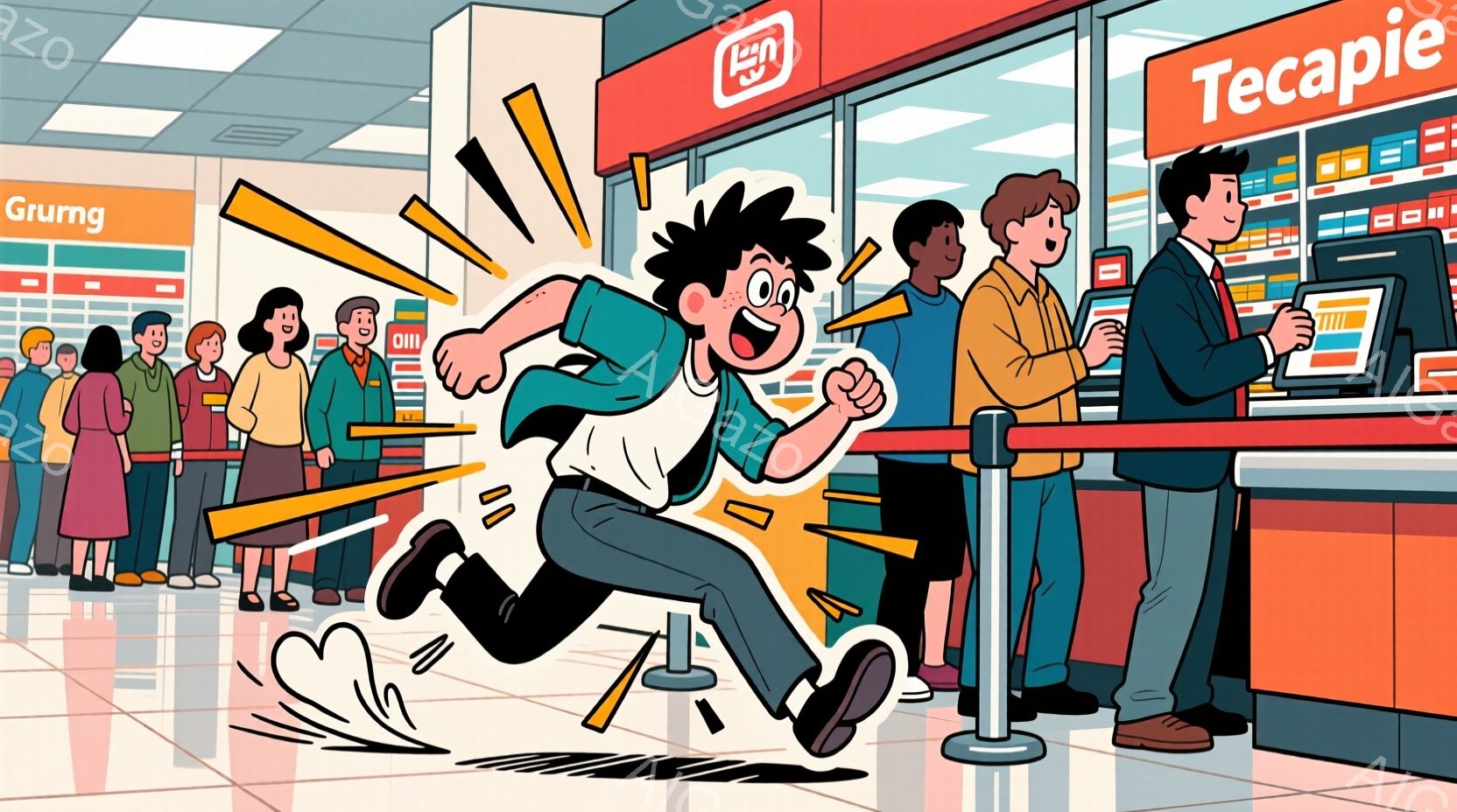 カートで走り出した男性が、周囲の人々を驚かせます。壁には「TEPCO」と書かれた看板があり、店内では納得のいく商品が並べられています。