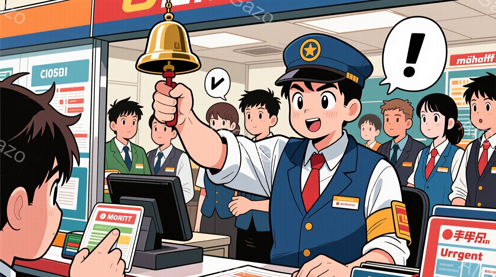 制服を着た男性がベルを高く掲げ、笑顔で何かを知らせています。 周囲には制服を着た若い女性や男性がおり、驚いた表情で彼を見つめています。 背景には「MORITT」と書かれたカウンターや、薄緑色の書類が並んだ棚があり、室内でイベントが行われているような賑やかな雰囲気です。