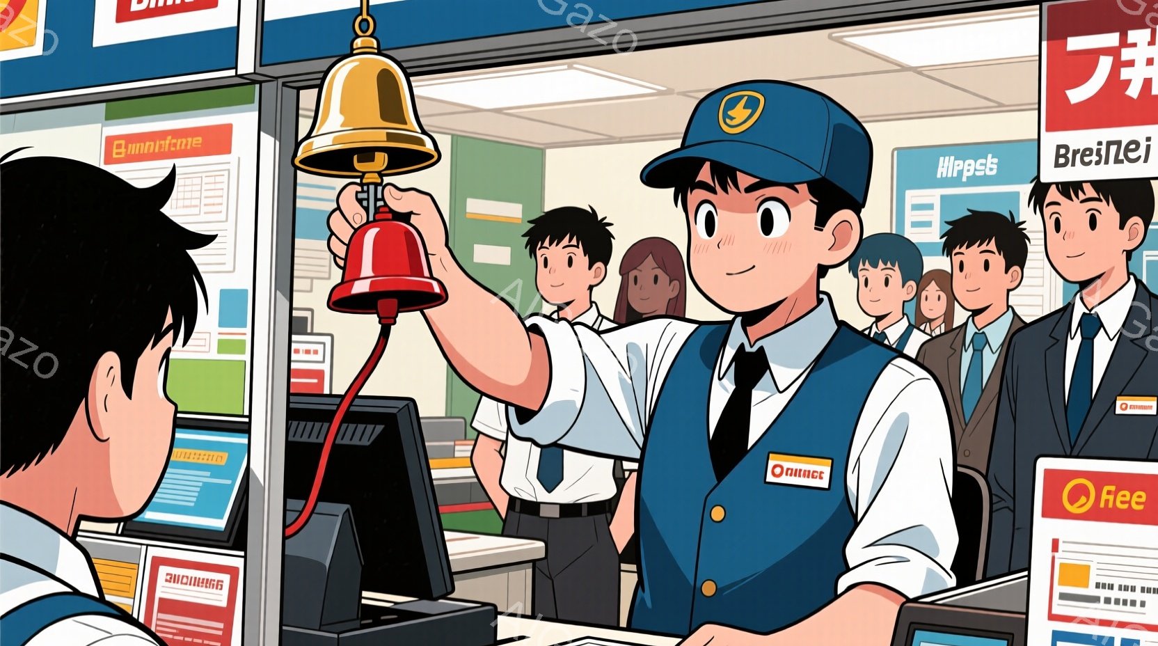 制服を着た若い男性がカウンター越しにベルを鳴らしている様子を描いています。彼は青いベスト、白いシャツ、ネクタイを着用し、前髪を下ろした整髪された髪型をしています。背景には、整列して待つ他の制服を着た人々がおり、カウンター上には様々なロゴやディスプレイが配置されています。