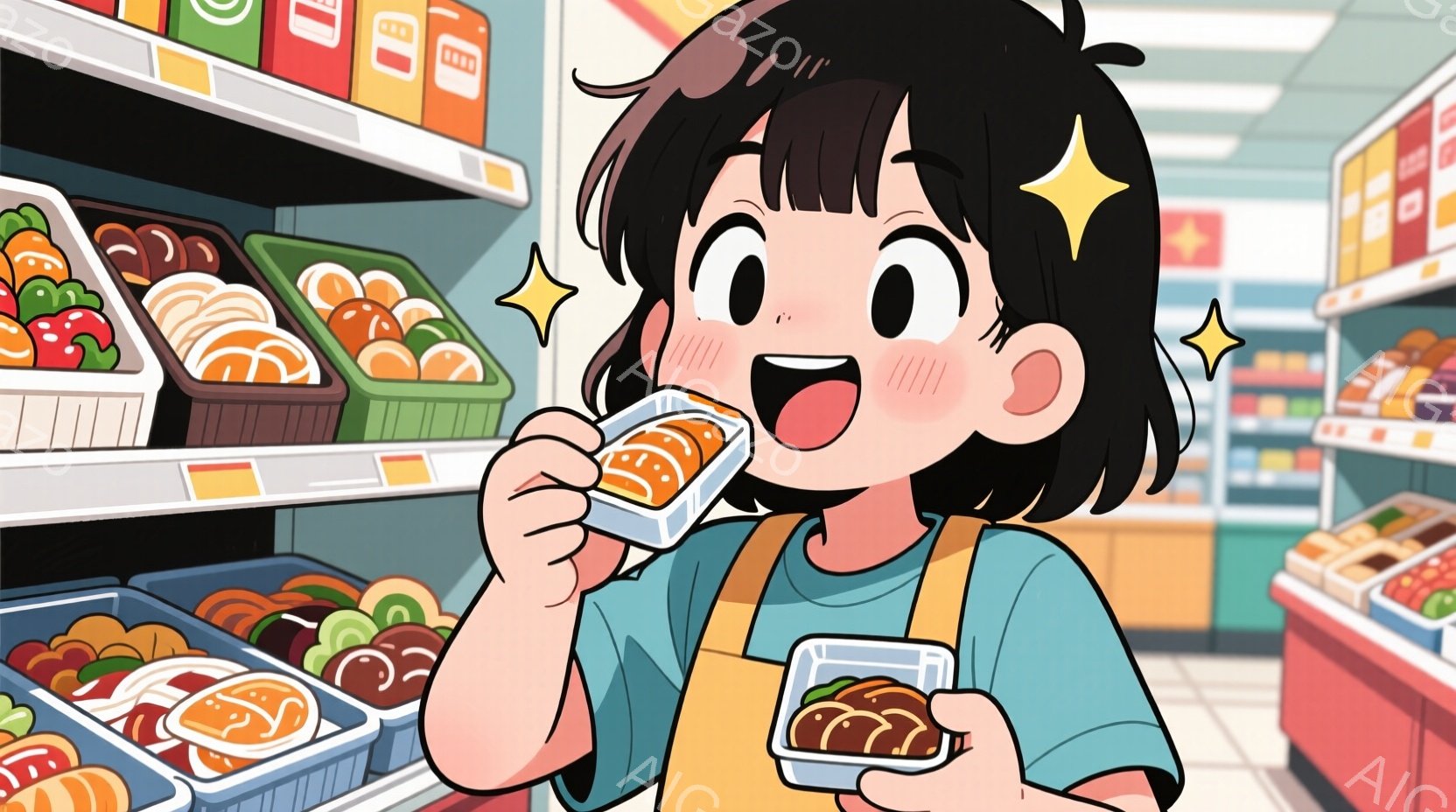 黒髪の短い髪の少女が、スーパーマーケットの惣菜コーナーでテイクアウトの容器に入った食品を嬉しそうに頬張っています。彼女は緑色のオーバーオールのような服を着ており、表情は明るく、頬は赤らんでいます。背景には様々な種類の惣菜が並んだ棚があり、スーパーマーケットの明るく清潔な雰囲気が伝わってきます。