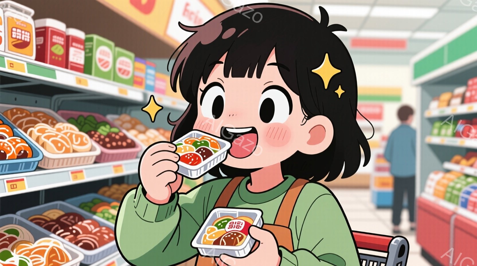 茶髪のショートカットの女性が、スーパーマーケットの惣菜コーナーで、美味しそうなおかずが入ったパックを嬉しそうに手に持っています。彼女は緑色の長袖シャツとベージュ色のベストを着ており、頬は赤く染まり、満面の笑みを浮かべています。背景には、様々な惣菜が並んだ棚と、少しぼやけた人物が見え、活気のあるスーパーマーケットの雰囲気が伝わってきます。