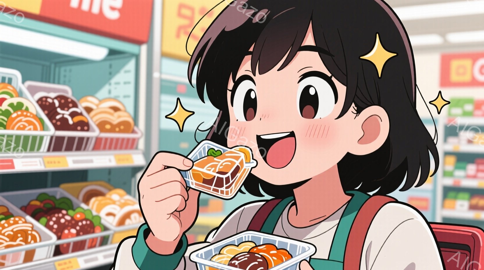 黒髪でふんわりとした前髪を持つ女性が、透明なパックに入ったおにぎりを美味しそうに食べています。彼女は白いシャツに緑色のベストを着用し、満面の笑みを浮かべており、頬は赤く染まっています。背景には、様々な種類のおにぎりが並んだショーケースがあり、明るく清潔なコンビニエンスストアの雰囲気が感じられます。