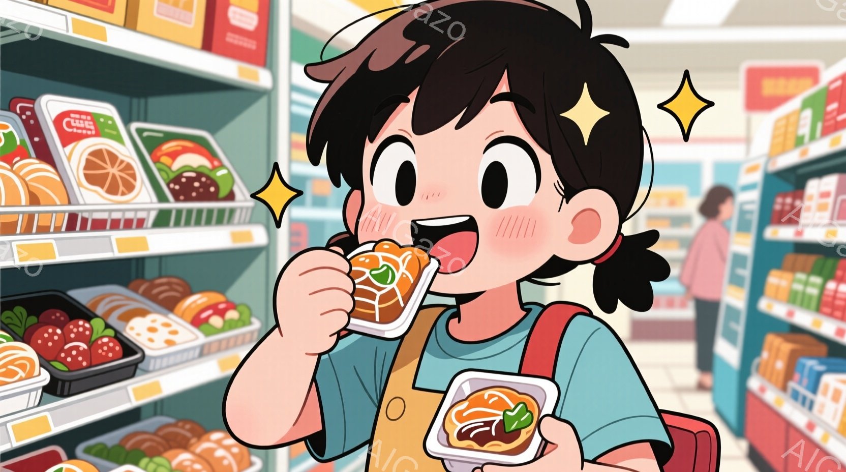 明るい色のスーパーマーケットで、茶色の髪の短い女の子が、パックされたお弁当を嬉しそうに頬張っています。彼女はターコイズブルーのシャツに黄色いオーバーオールを着ており、赤いリュックサックを背負っています - AI生成フリー素材