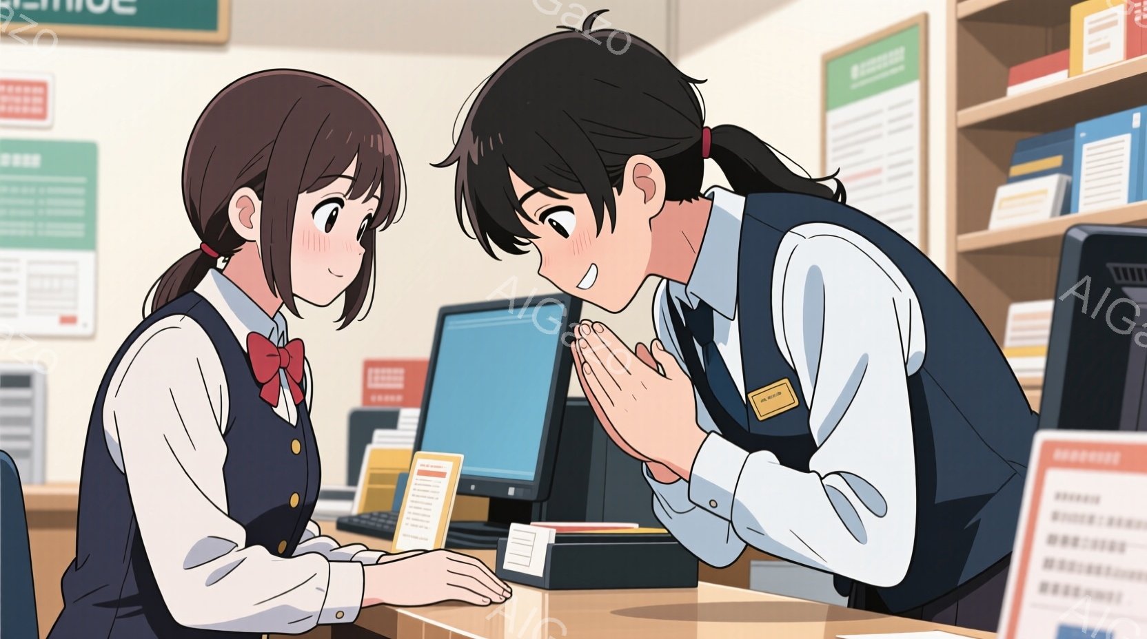 カウンター越しでやり取りをする女性二人が描かれています。片方の女性は赤いリボンが付いたブラウスにスカートを着用し、手を組んで何かを懇願しているような表情をしています。もう一人の女性は、制服のようなベストと白シャツを着ており、パソコンのキーボードを操作しています。