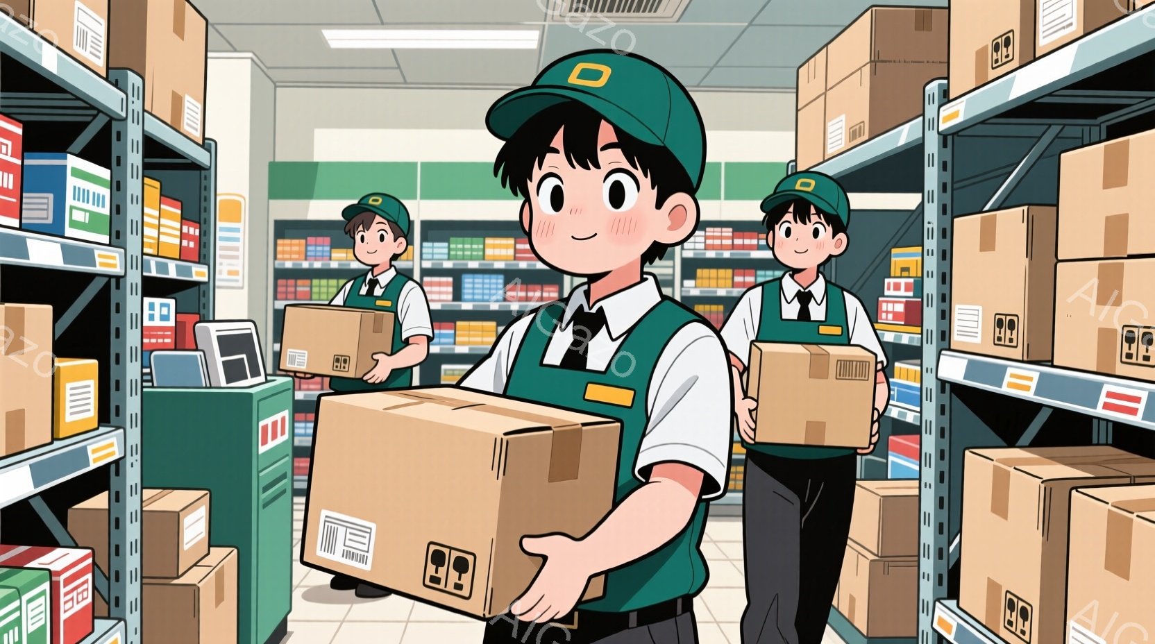 倉庫内で段ボールを運ぶ制服姿の若い男性と女性が描かれています。彼らは緑色の帽子とベストを着用し、同じ制服を着ており、少し照れたような表情を浮かべています。背景にはたくさんの段ボール箱が積み上げられた棚があり、倉庫内部の様子がわかります。