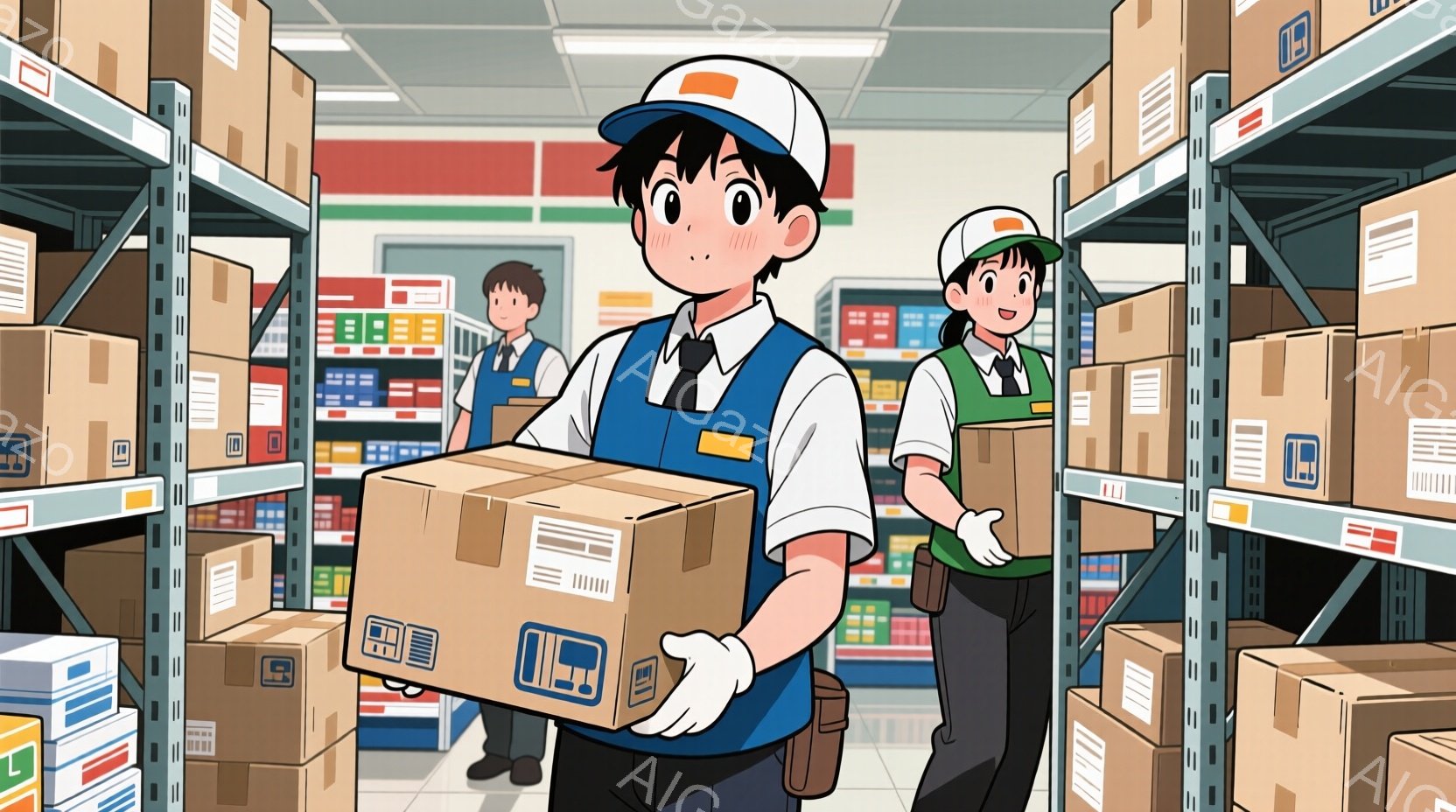 倉庫内で段ボールを運ぶ若い女性と男性が描かれています。二人は制服姿で、白い手袋を着用し、明るい表情で作業に取り組んでいます。背景には段ボールが積み上げられた棚が並び、倉庫内の活気ある雰囲気が伝わってきます。