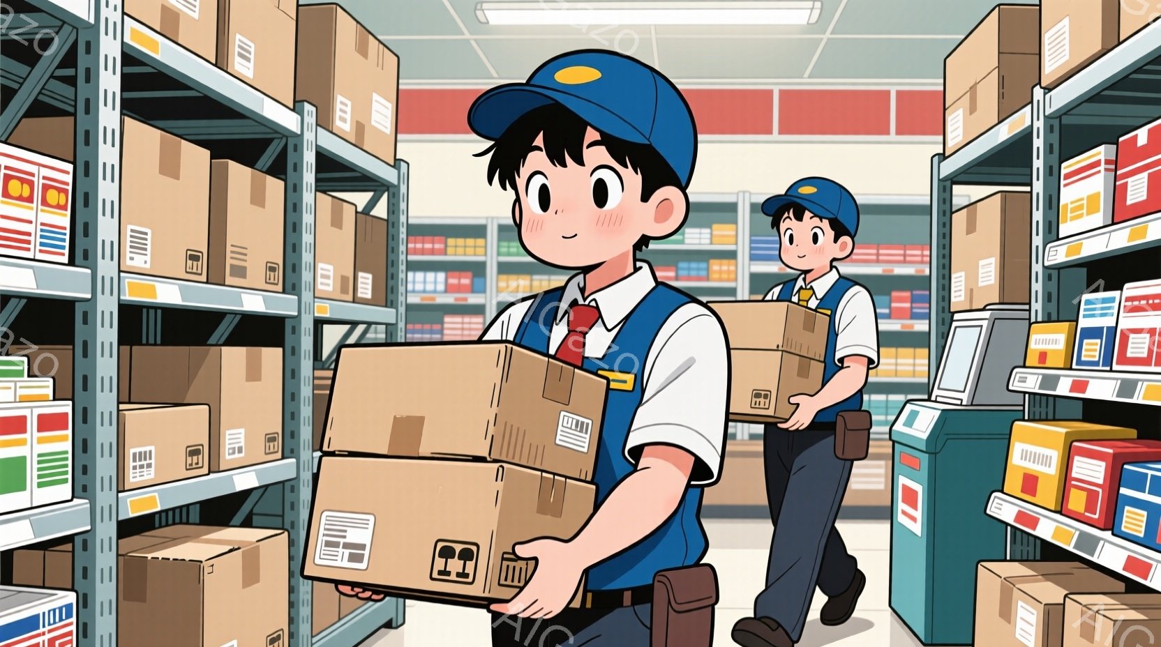少年二人が、段ボール箱を抱えて倉庫内を歩いている。青い帽子と制服姿で、真剣な表情で作業に取り組んでいるようだ。背景には商品が並んだ棚が続き、倉庫内の活気を感じさせる。
