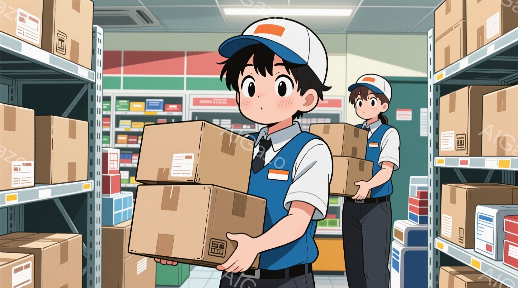 倉庫内で、制服を着た若い男性が段ボール箱を抱えて前に出ています。彼は紺色のズボンと白いシャツにオレンジ色のベスト、そして白い帽子をかぶっており、少し苦労している表情をしています。背景には同じ制服の女性が他の段ボール箱の棚の間に立っており、倉庫全体は整然としていて、活気のある雰囲気です。