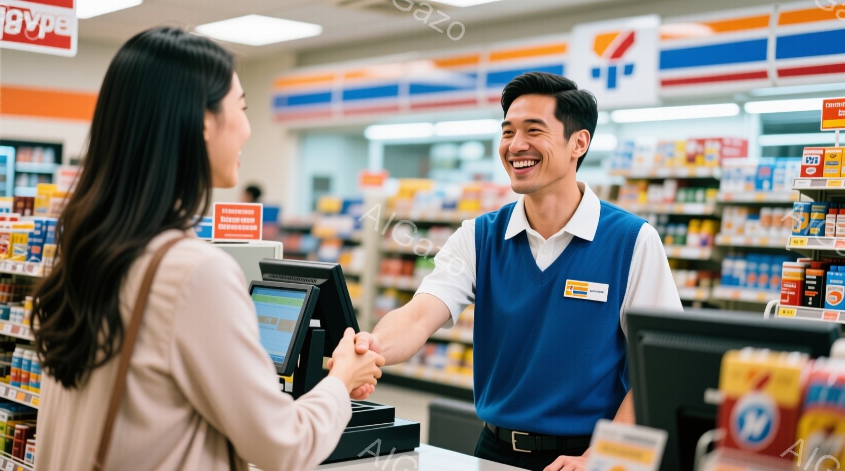 コンビニエンスストアのレジで握手をする女性と男性が写っています。女性は長い黒髪で、男性は青いベストを着て笑顔で、親しげな雰囲気です。背景には商品が並んだ棚があり、明るく清潔な店内であることがわかります。