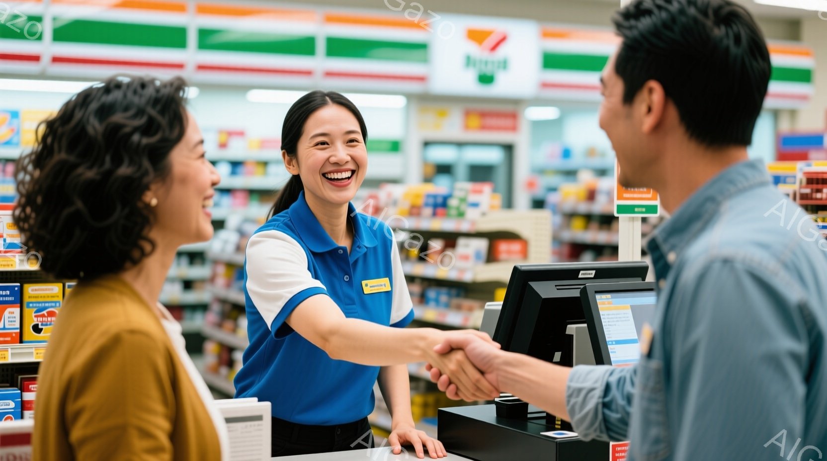 コンビニエンスストアのレジカウンターで、女性店員が男性客と握手している様子を捉えています。女性店員は明るい笑顔で、青いポロシャツとベージュ色のエプロンを着ており、長い黒髪は後ろでまとめています。背景には商品が並んだ棚が見え、店内は明るく清潔な印象を与えています。