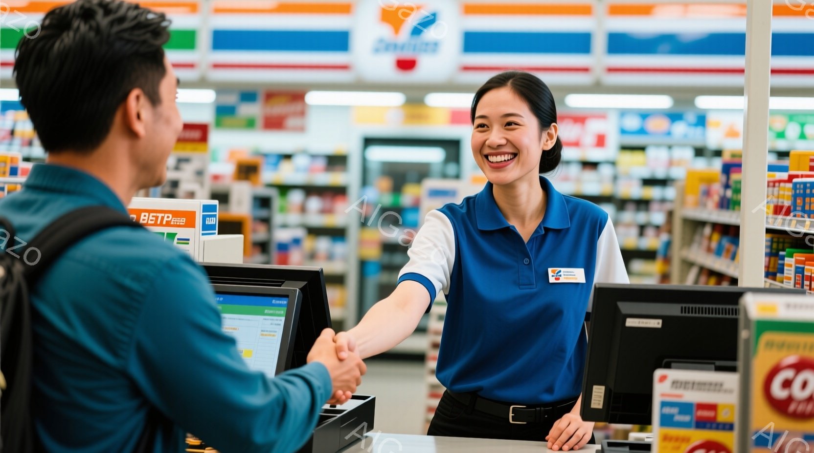 コンビニエンスストアのレジカウンターで、青いポロシャツを着た女性店員が男性客と握手している様子が写っています。女性店員は笑顔で、明るく親切な印象を与え、男性客もまた穏やかな表情で握手に応じています。背景には商品棚が並び、店内の明るく清潔な雰囲気が伝わってきます。