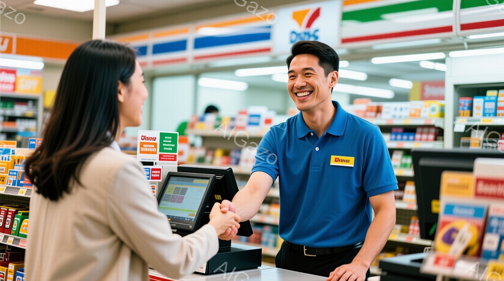 店員は青いポロシャツを着て、笑顔で女性客と握手しています。レジカウンターにはモニターが設置されており、背景には商品が並んだ棚が見えます。明るい照明と整頓された店内は、活気があり親しみやすい雰囲気を醸し出しています。