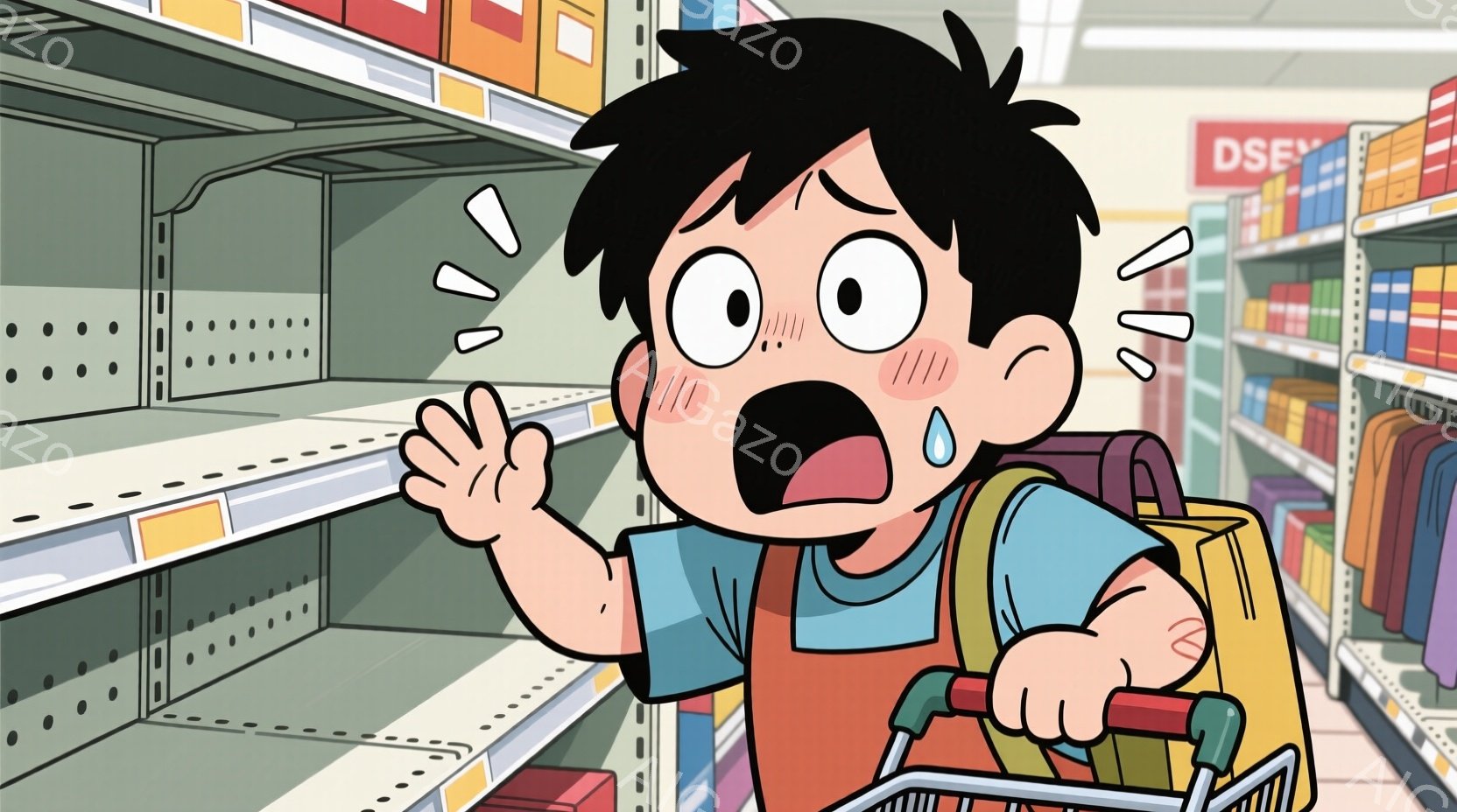 茶髪の少年が、空っぽの棚の前で驚いた表情を浮かべています。彼はオレンジ色のベストと薄緑色のシャツを着ており、肩には黄色いリュックサックを背負っています。背景には商品が並んだ棚が続き、まるで食料品店のような場所であることがわかります。