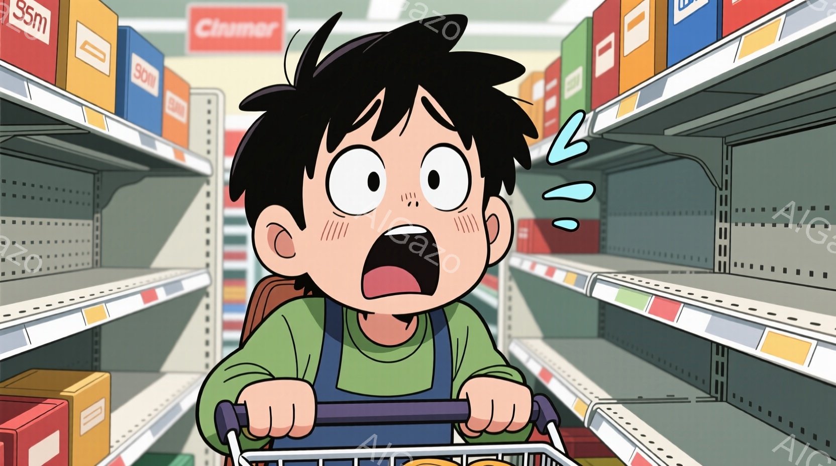 茶色の髪の少年は、驚いた表情でショッピングカートを押しています。緑色のシャツにオーバーオールを着ており、目は大きく開いて口は大きく開いています。背景には商品が並んだ棚があり、少年は空っぽの棚を見てショックを受けているようです。