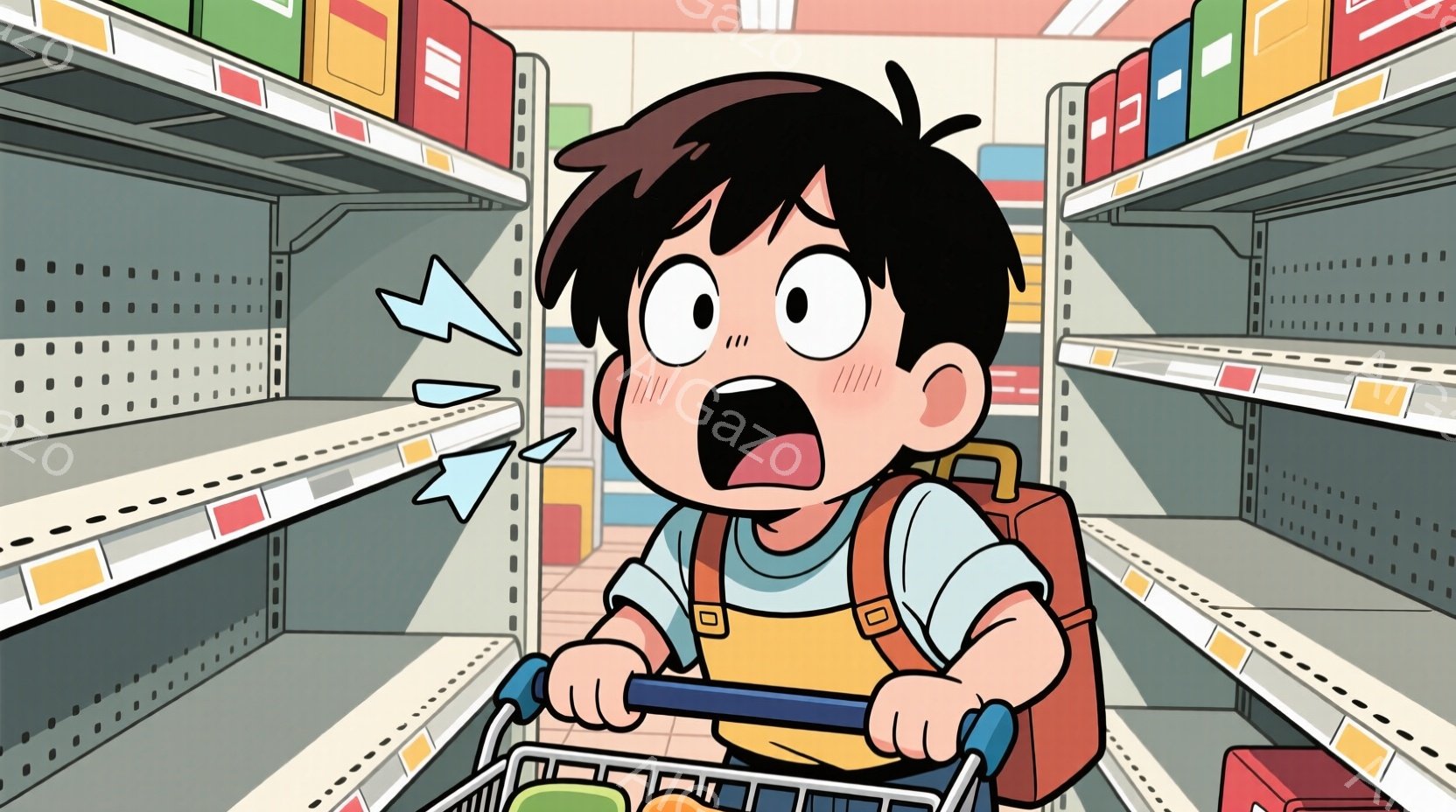 茶髪の少年が買い物車を押しながら、空になった棚を見て驚いた表情をしています。彼は緑色のTシャツと黄色い肩掛けのベストを着ており、大きな目と開いた口がその驚きを強調しています。背景には商品のない棚が並び、全体的に空っぽで寂しい雰囲気が漂っています。