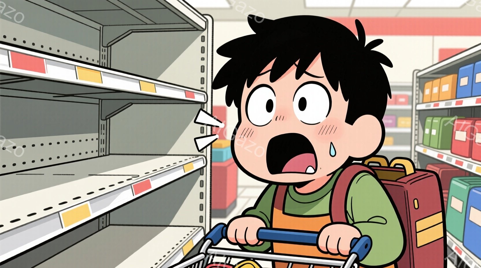 茶髪の少年が驚いた表情でショッピングカートを押しています。緑色の長袖シャツにオレンジ色のベストを着用し、肩には赤いリュックサックを背負っています。背景には商品が並んだ棚が写っており、空っぽの棚を見て、驚きと落胆の表情を浮かべています。