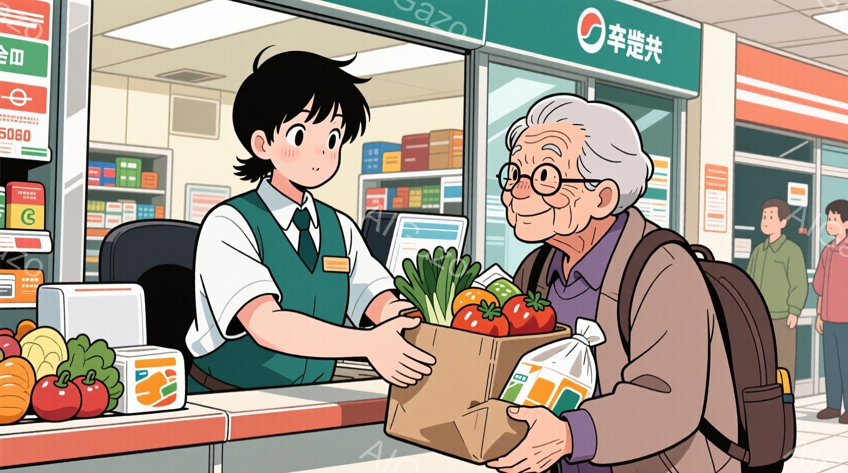 レジの前に立つ老人と、レジ打ちをする若い女性が描かれています。老人は紫色のシャツに茶色のベストを着用し、白髪で眼鏡をかけており、優しい表情で買い物袋を女性に渡そうとしています。背景にはスーパーマーケットのレジや商品が並び、全体的に明るく穏やかな雰囲気です。
