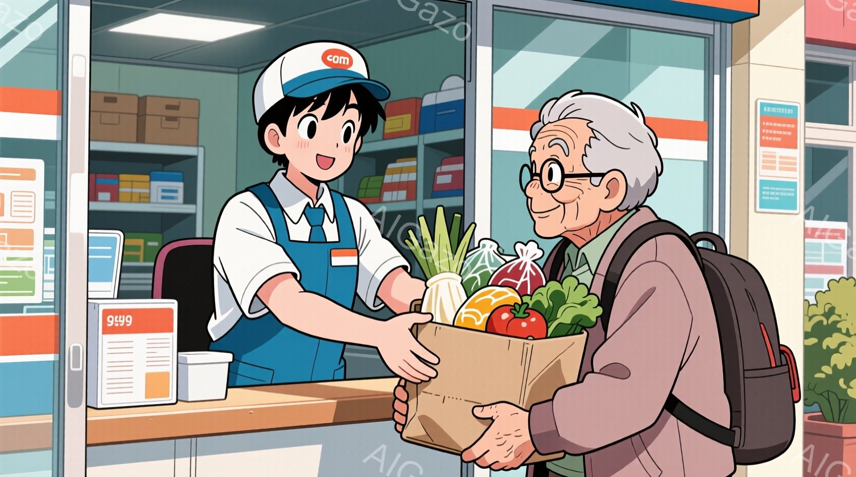 若い男性がレジカウンター越しに買い物客である老紳士に買い物袋を手渡している場面です。男性は青い制服に赤いバンダナを巻き、頭には「999」と書かれた帽子をかぶり、笑顔で袋を差し出しています。背景には商品が並んだ棚と、緑豊かな植物が見え、明るく親しみやすい雰囲気です。